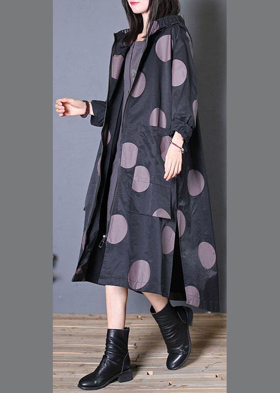 plus size fall coat black dotted hooded pockets Coat Women - SooLinen