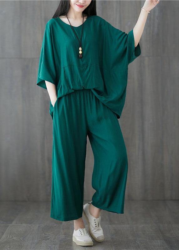 plus size green two pieces batwing sleeve tops and elastic waist pants - SooLinen