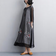 plus Größe Sommerkleid Mode Ethnische lässige Stickerei Dreiviertelärmel Schwarzes Frauenkleid
