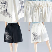 plus size women black cotton blended embroidery shorts - SooLinen