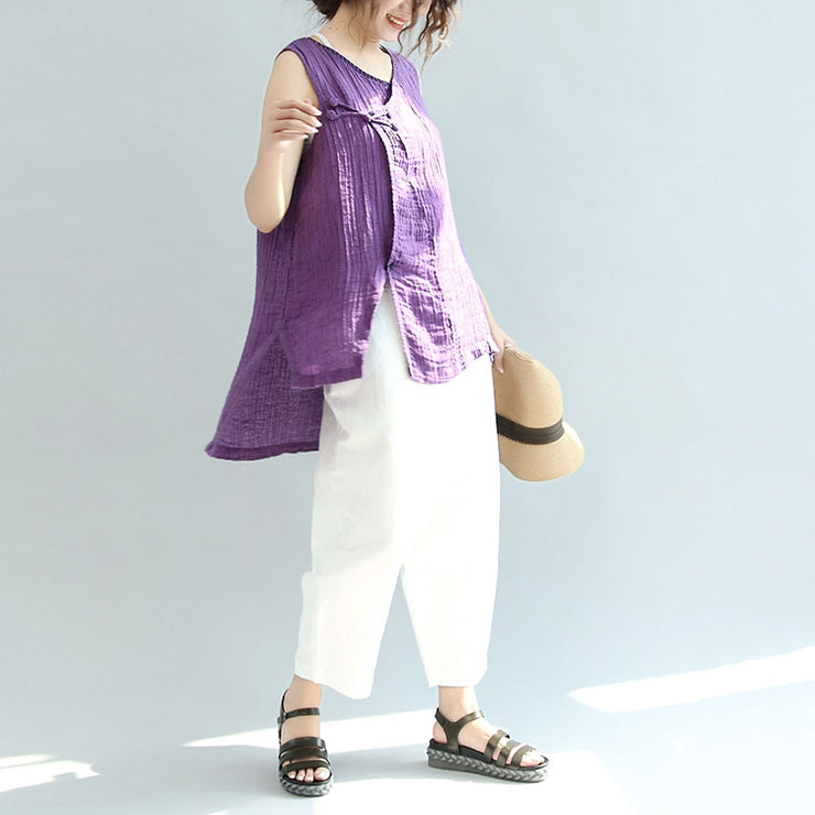 print casual linen tops vintage loose blouse Chinese Button sleeveless t shirt