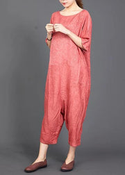red cotton jumpsuit pants Omychic Solid Color Casual Loose Comfortable Jumpsuit - SooLinen