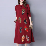 rote stickerei vintage baumwolle frauen kleider plus größe langarm maxi warmes kleid