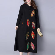red embroidery vintage cotton women dresses plus size long sleeve maxi warm dress