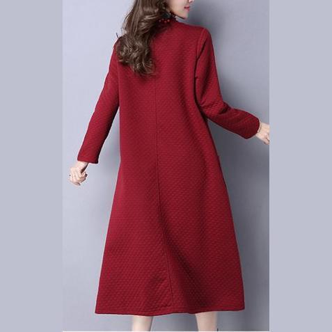 red embroidery vintage cotton women dresses plus size long sleeve maxi warm dress