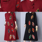 rote stickerei vintage baumwolle frauen kleider plus größe langarm maxi warmes kleid