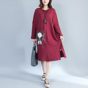 roter Moderücken druckt Freizeitkleider aus Baumwolle plus Größe große Taschen druckt dickes Etuikleid