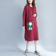 red fashion back prints cotton casual dresses plus size large pockets prints thick shift dress