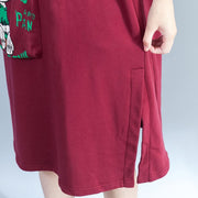roter Moderücken druckt Freizeitkleider aus Baumwolle plus Größe große Taschen druckt dickes Etuikleid