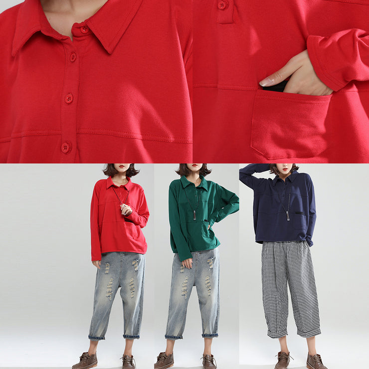 roter Patchwork-Baumwoll-Hemd-Pullover Oversize-Langarm-Reverskragen-Oberteile