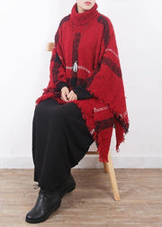 red plaid tassel cloak women casual high neck knit sweater - SooLinen