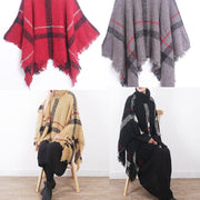 red plaid tassel cloak women casual high neck knit sweater - SooLinen