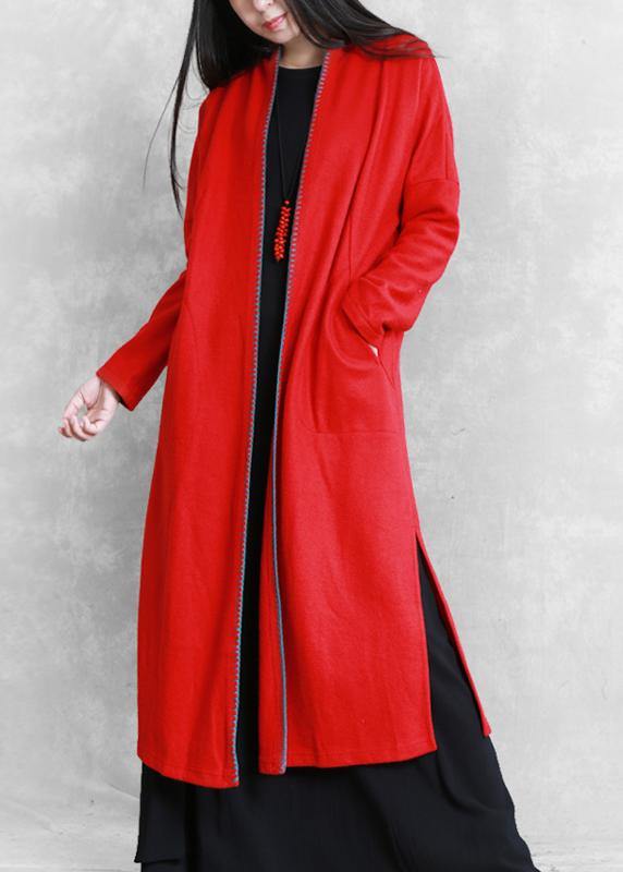 red plus size clothing sweaters pockets side open coats - SooLinen