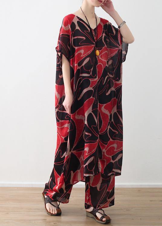 red prints chiffon v neck long tops and vintage casual pants two pieces - SooLinen