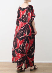 red prints chiffon v neck long tops and vintage casual pants two pieces - SooLinen