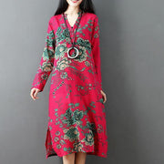 red prints linen dresses plus size clothing side open linen clothing dresses casual long sleeve linen caftans