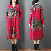 red prints linen dresses plus size clothing side open linen clothing dresses casual long sleeve linen caftans