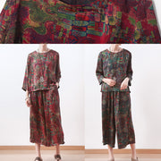 red prints silk women two pieces casual long sleeve tops and elastic waist wide leg pants