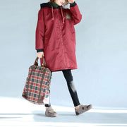 rote, dicke, warme Trenchcoats mit Reißverschluss, übergroße Drucke, langärmlige Winteroutfits mit Kapuze