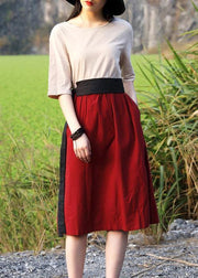 red women 2019 natural Cotton tunics for Summer Vintage Solid Color Short Dress - SooLinen