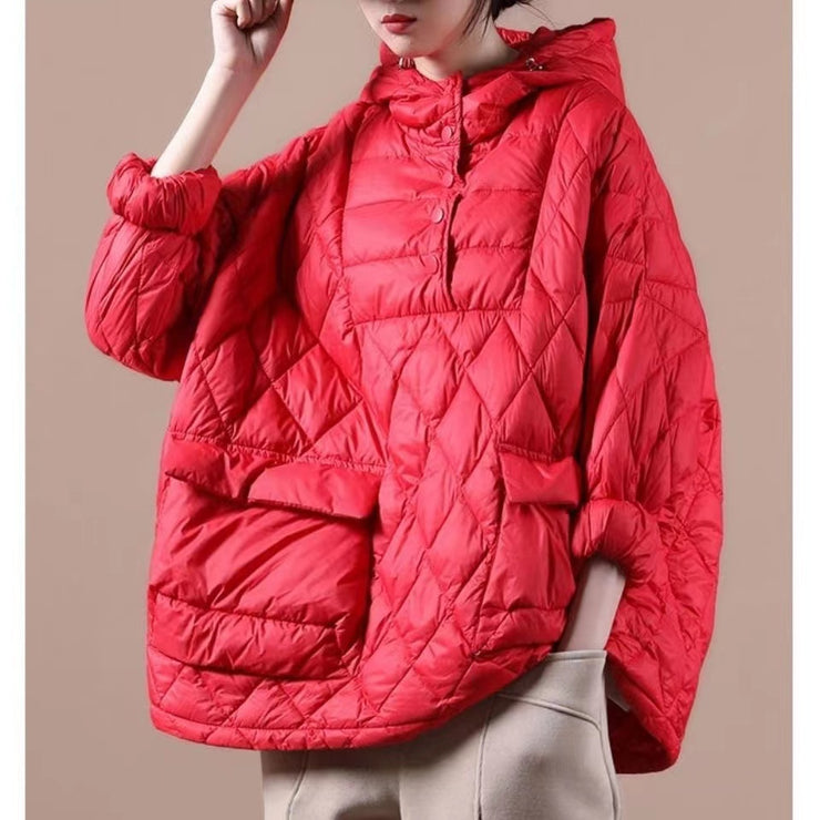 Frauen plus Größe Kleidung Daunenjacke mit Kapuze rote Taschen Gänsedaunenjacke