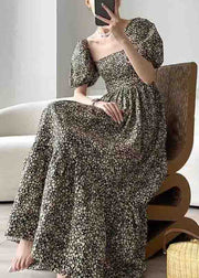 rt Print Square Collar Wrinkled Patchwork Cotton Long Dresses Puff Sleeve