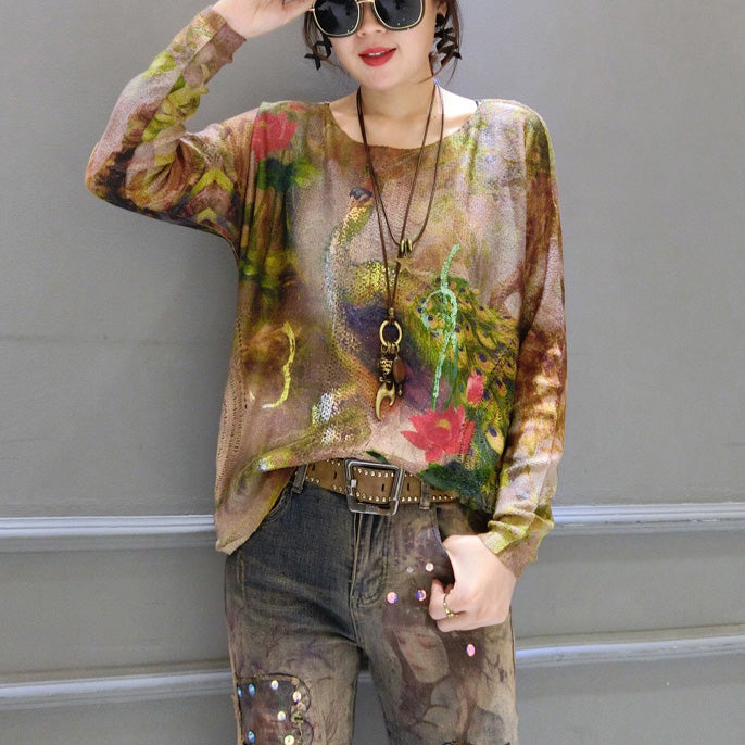 Passen Sie goldene Phoenix-Druck-Baumwollstrickoberteile übergroßen asymmetrischen Streetwear-Pullover