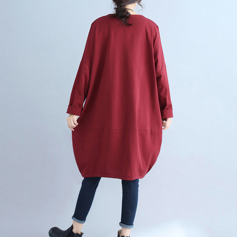 Solide Baumwolltaschen Drucke Burgunderfarbene Freizeitkleider Übergroßes O-Ausschnitt-Mid-Kleid
