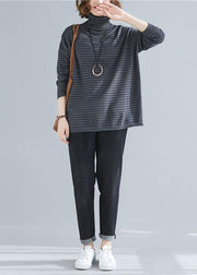 spring gray striped knit blouse high neck trendy plus size spring knitwear - SooLinen
