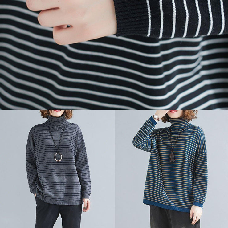spring gray striped knit blouse high neck trendy plus size spring knitwear - SooLinen