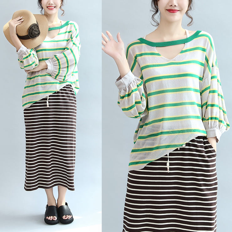 spring green striped cotton tops plus size lantern sleeve t shirt