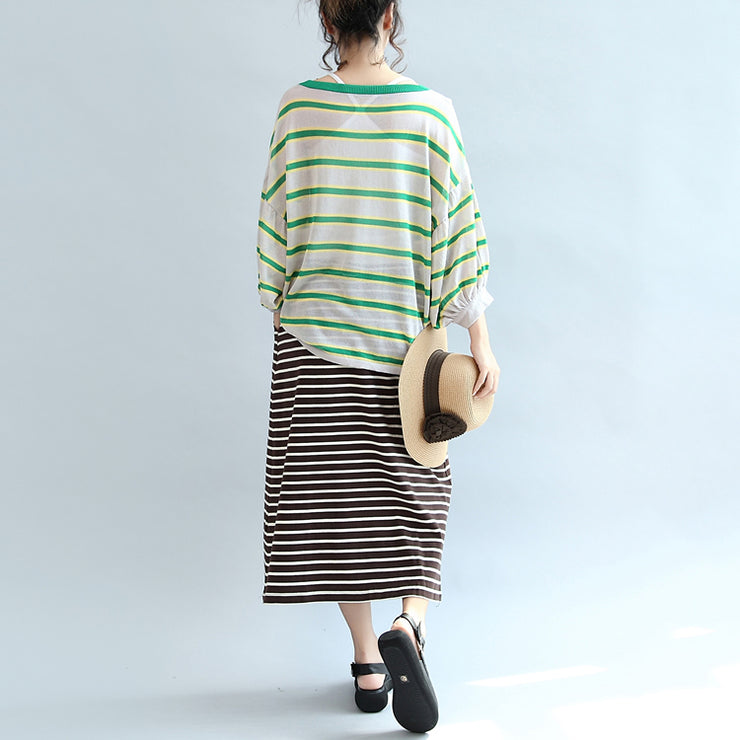 spring green striped cotton tops plus size lantern sleeve t shirt