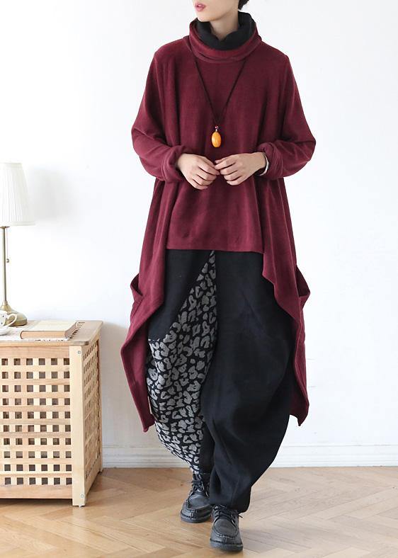 spring high neck red knit sweat tops plus size clothing asymmetric hem knit blouse - SooLinen