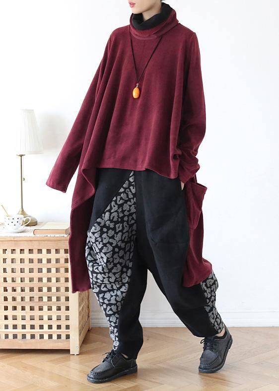 spring high neck red knit sweat tops plus size clothing asymmetric hem knit blouse - SooLinen