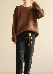 spring o neck brown sweaters casual long sleeve crane tops - SooLinen