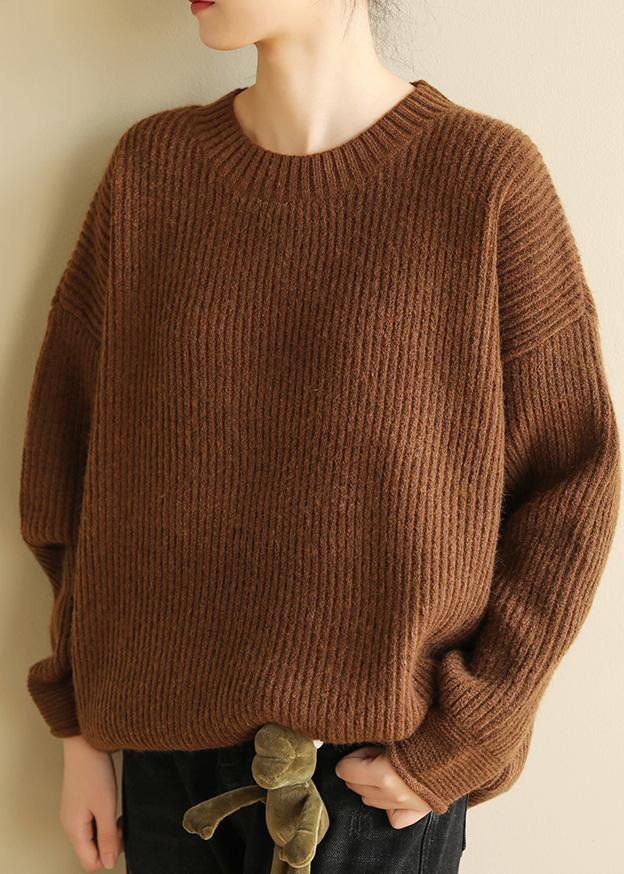 spring o neck brown sweaters casual long sleeve crane tops - SooLinen