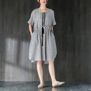 stylish Midi cotton dresses Loose fitting Gray Women Summer Dress with Ruffles and Ribbon