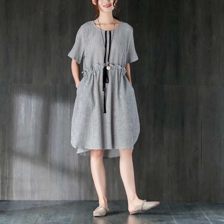 stilvolle Midi-Baumwollkleider Locker sitzendes graues Damen-Sommerkleid mit Rüschen und Schleife