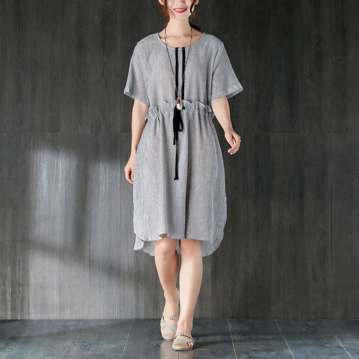 stylish Midi cotton dresses Loose fitting Gray Women Summer Dress with Ruffles and Ribbon