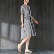 stilvolle Midi-Baumwollkleider Locker sitzendes graues Damen-Sommerkleid mit Rüschen und Schleife