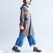 stylish big bird prints gray casual knit cotton tops plus size grid hooded t shirt