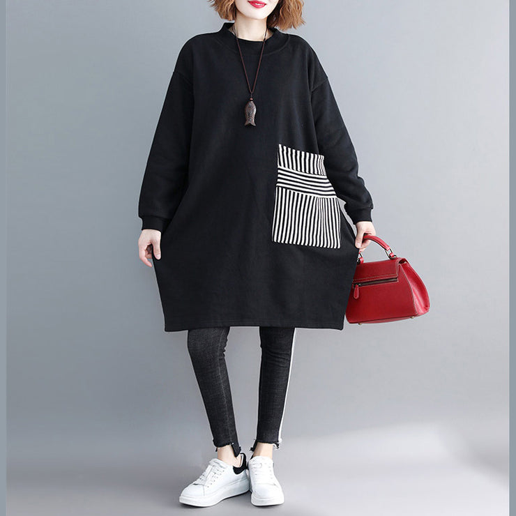stilvolle schwarze Midi-Baumwollkleider plus Größenkleidung Baumwollkleidung Kleider O-Ausschnitt Urlaubskleider Langarm dick