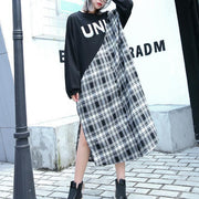stylish black Plaid patchwork cotton blended dresses O neck caftans women side open baggy dresses