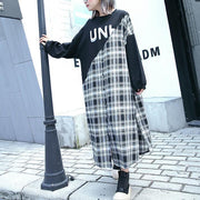 stylish black Plaid patchwork cotton blended dresses O neck caftans women side open baggy dresses