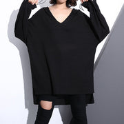 Stilvolle schwarze Baumwollmischung in Übergröße Baggy-Kleidung mit Kapuze, Damen, Langarm, asymmetrisches Design, Baumwollkleidung