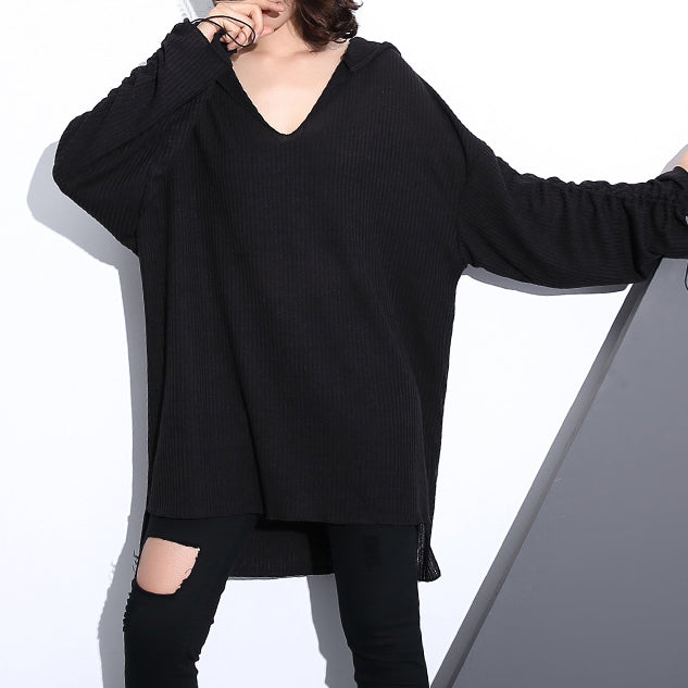 Stilvolle schwarze Baumwollmischung in Übergröße Baggy-Kleidung mit Kapuze, Damen, Langarm, asymmetrisches Design, Baumwollkleidung