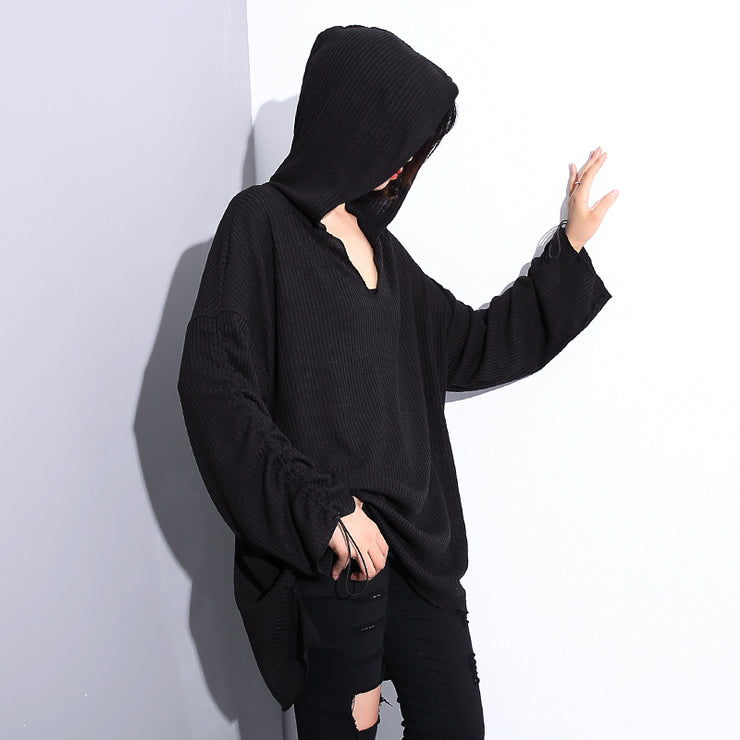 stylish black cotton blended oversized Hooded baggy clothing tops women long sleeve asymmetrical design cotton clothing
