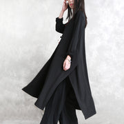 stylish black cotton blended side open dresses plus size o neck pockets New long sleeve asymmetric baggy dresses