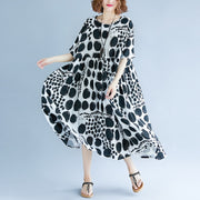 stylish black cotton linen maxi dress oversized short sleeve print baggy dresses cotton gown casual v neck traveling clothing