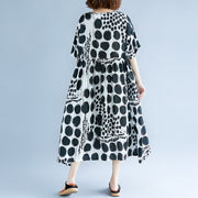 Stilvolles schwarzes Maxikleid aus Baumwolle und Leinen, übergroße, kurzärmlige, bedruckte Baggy-Kleider, Baumwollkleid, lässiger V-Ausschnitt, Reisekleidung